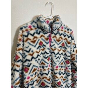 Eddie‎ Bauer Womens Fleece Pullover Sweatshirt Geometric Print Pink Blue Size L